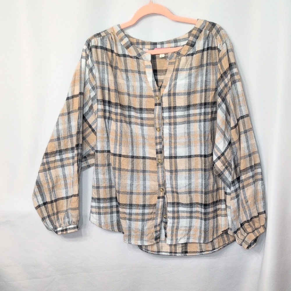 Casual Cream And Grey Flannel Shirt 1X Plus